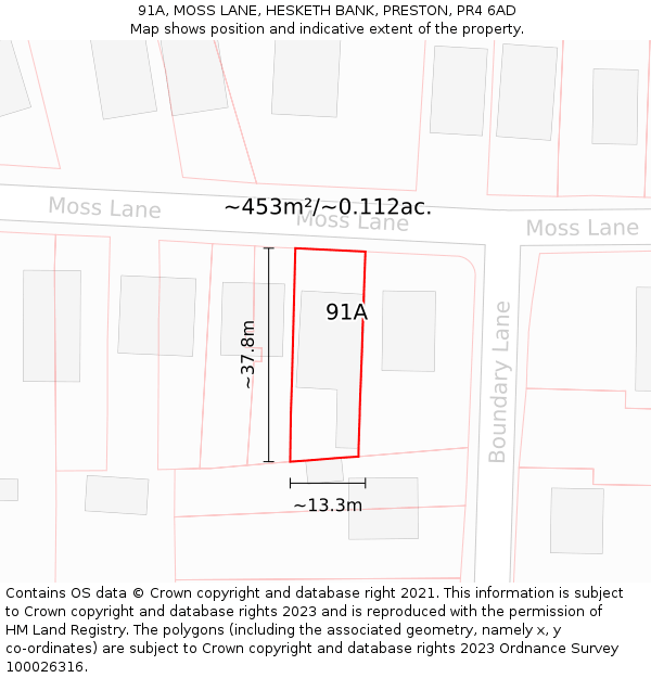 91A, MOSS LANE, HESKETH BANK, PRESTON, PR4 6AD: Plot and title map