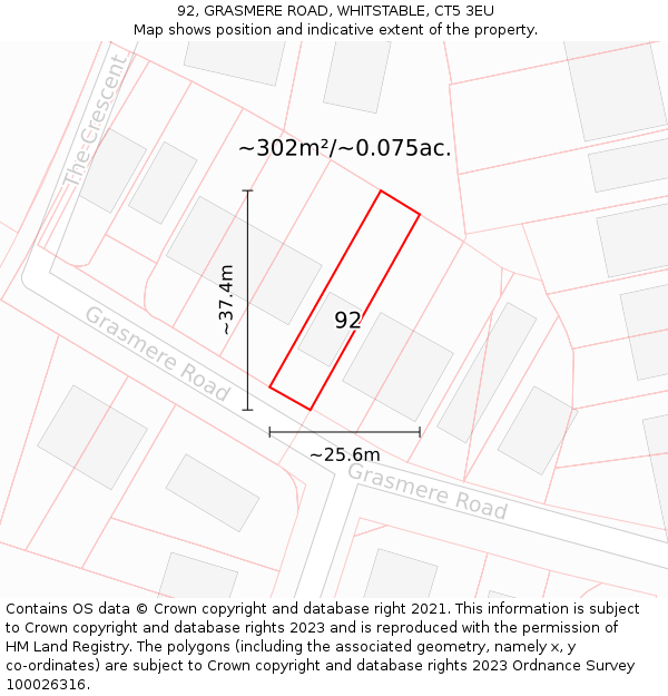 92, GRASMERE ROAD, WHITSTABLE, CT5 3EU: Plot and title map