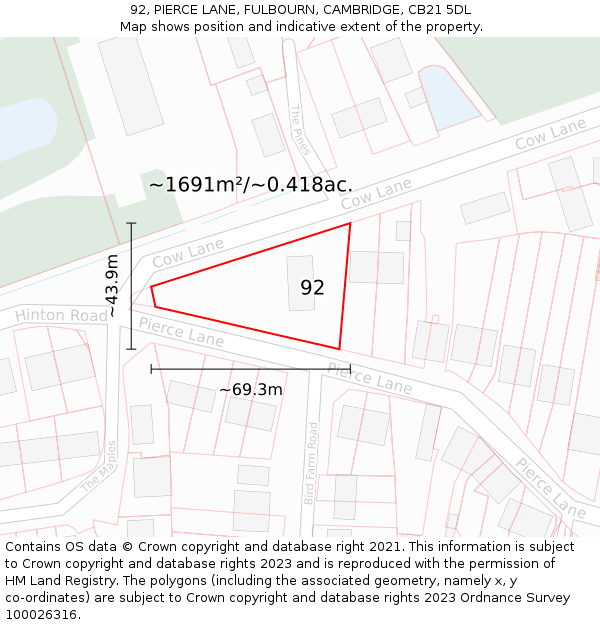 92, PIERCE LANE, FULBOURN, CAMBRIDGE, CB21 5DL: Plot and title map