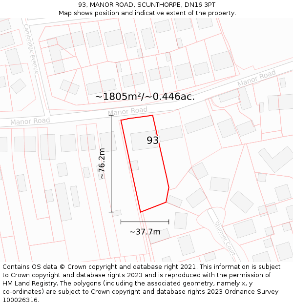 93, MANOR ROAD, SCUNTHORPE, DN16 3PT: Plot and title map