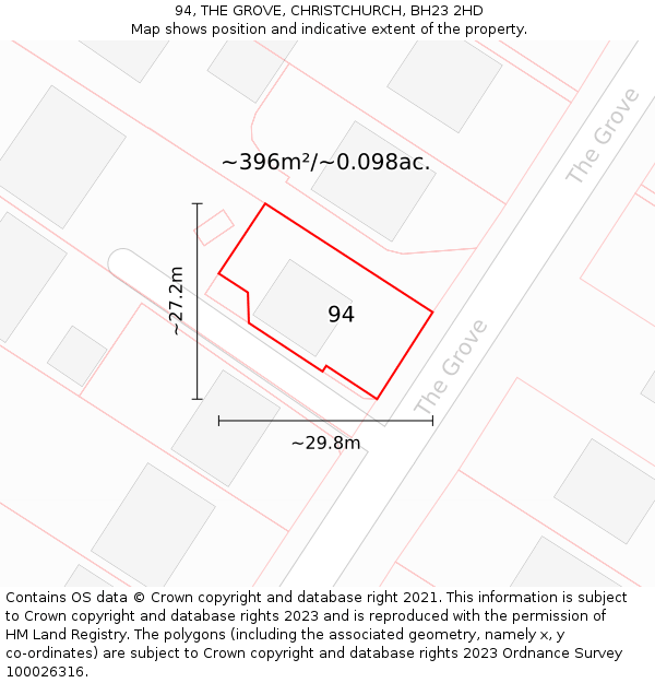 94, THE GROVE, CHRISTCHURCH, BH23 2HD: Plot and title map