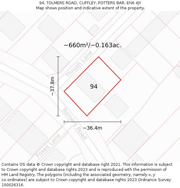 94, TOLMERS ROAD, CUFFLEY, POTTERS BAR, EN6 4JY: Plot and title map