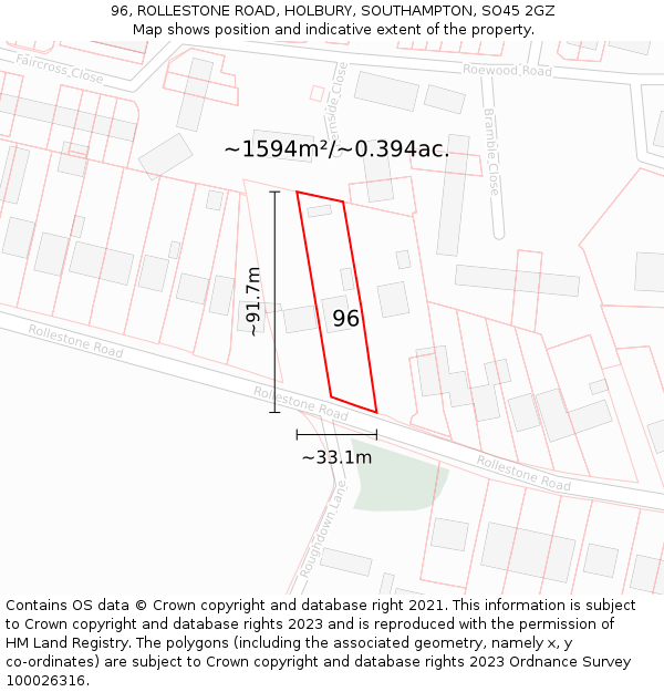 96, ROLLESTONE ROAD, HOLBURY, SOUTHAMPTON, SO45 2GZ: Plot and title map