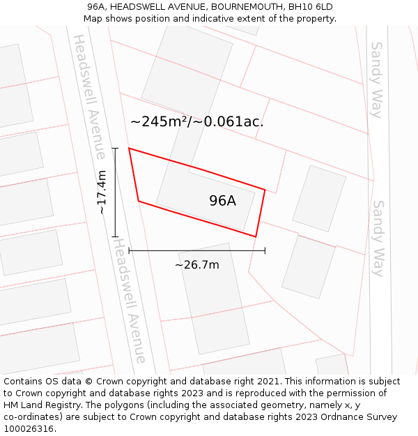 96A, HEADSWELL AVENUE, BOURNEMOUTH, BH10 6LD: Plot and title map