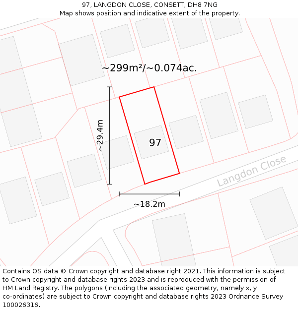 97, LANGDON CLOSE, CONSETT, DH8 7NG: Plot and title map