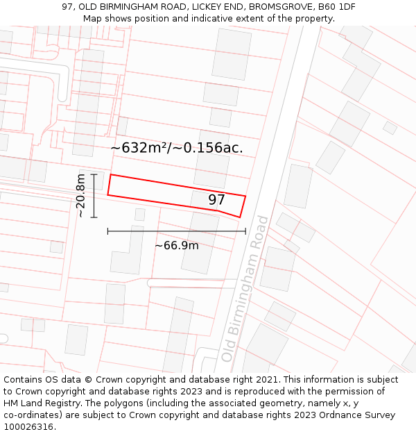 97, OLD BIRMINGHAM ROAD, LICKEY END, BROMSGROVE, B60 1DF: Plot and title map