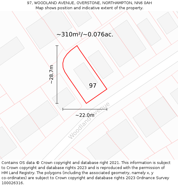 97, WOODLAND AVENUE, OVERSTONE, NORTHAMPTON, NN6 0AH: Plot and title map