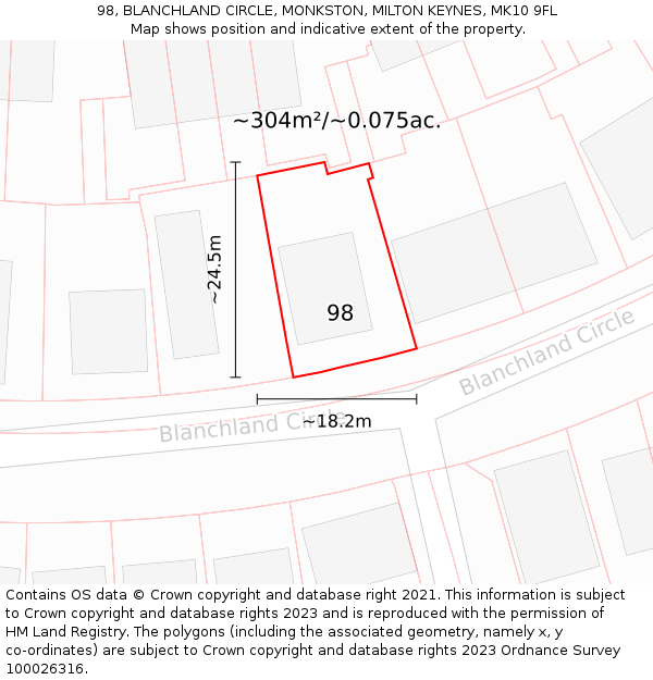 98, BLANCHLAND CIRCLE, MONKSTON, MILTON KEYNES, MK10 9FL: Plot and title map