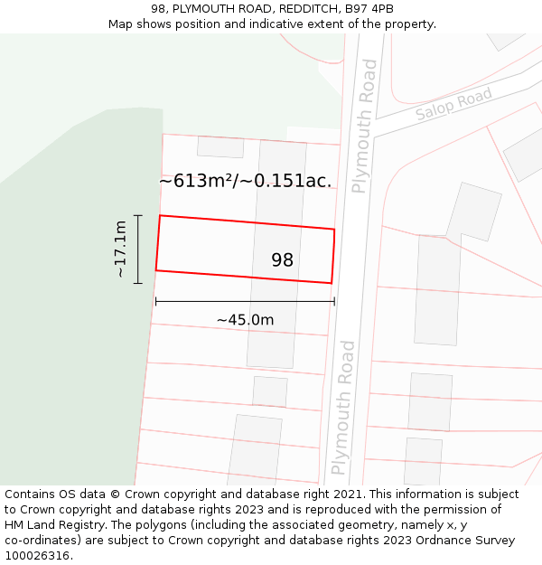 98, PLYMOUTH ROAD, REDDITCH, B97 4PB: Plot and title map