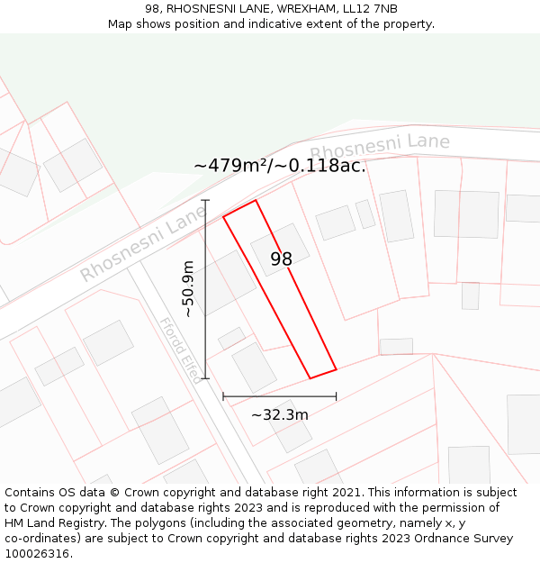 98, RHOSNESNI LANE, WREXHAM, LL12 7NB: Plot and title map