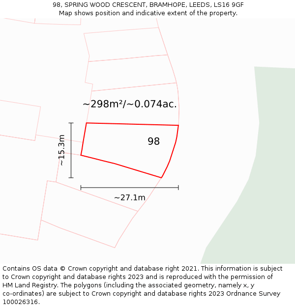 98, SPRING WOOD CRESCENT, BRAMHOPE, LEEDS, LS16 9GF: Plot and title map