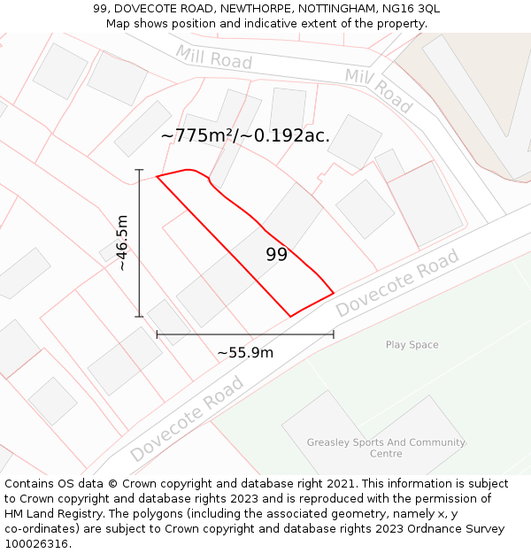 99, DOVECOTE ROAD, NEWTHORPE, NOTTINGHAM, NG16 3QL: Plot and title map