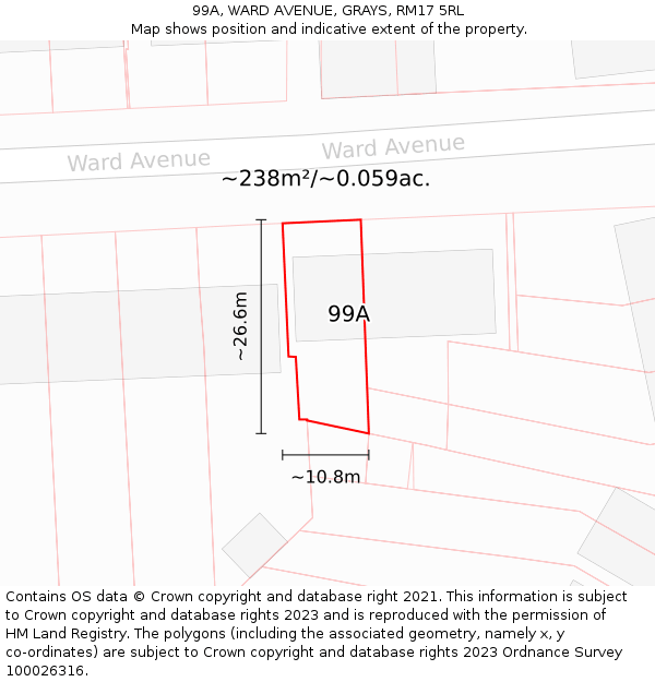 99A, WARD AVENUE, GRAYS, RM17 5RL: Plot and title map