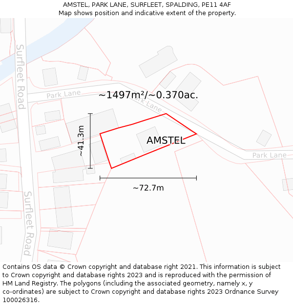 AMSTEL, PARK LANE, SURFLEET, SPALDING, PE11 4AF: Plot and title map