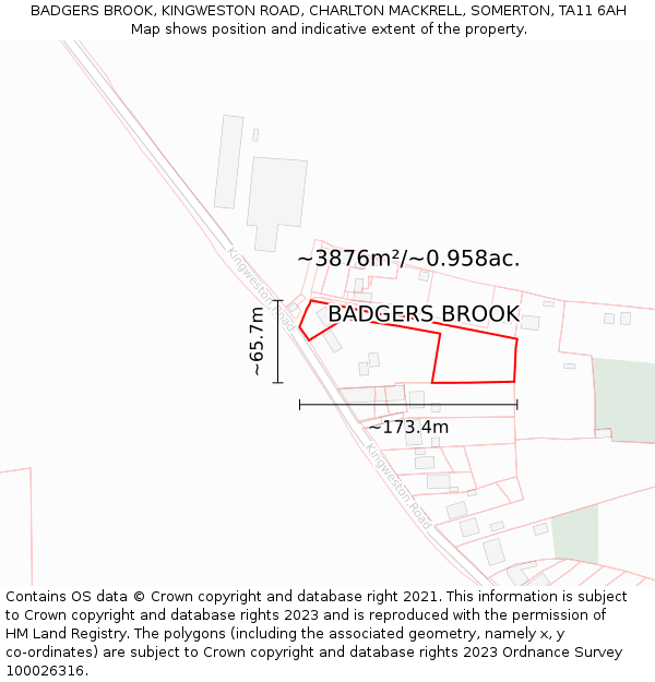 BADGERS BROOK, KINGWESTON ROAD, CHARLTON MACKRELL, SOMERTON, TA11 6AH: Plot and title map