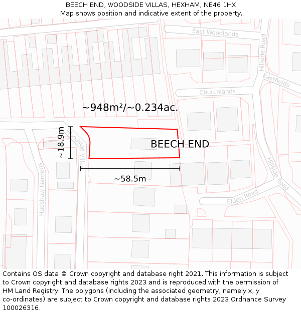 BEECH END, WOODSIDE VILLAS, HEXHAM, NE46 1HX: Plot and title map