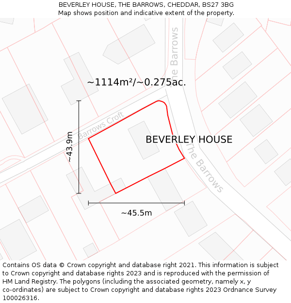 BEVERLEY HOUSE, THE BARROWS, CHEDDAR, BS27 3BG: Plot and title map