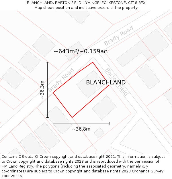 BLANCHLAND, BARTON FIELD, LYMINGE, FOLKESTONE, CT18 8EX: Plot and title map