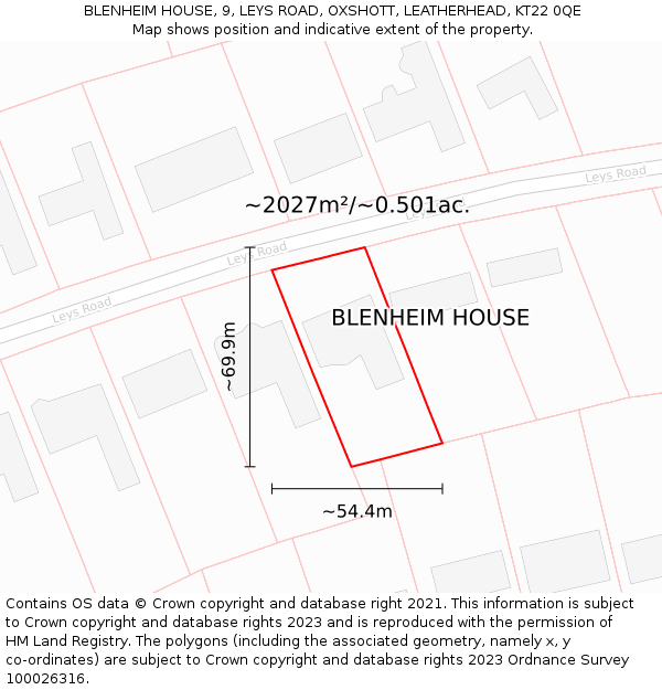 BLENHEIM HOUSE, 9, LEYS ROAD, OXSHOTT, LEATHERHEAD, KT22 0QE: Plot and title map