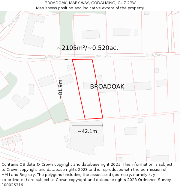 BROADOAK, MARK WAY, GODALMING, GU7 2BW: Plot and title map