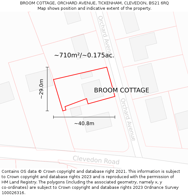 BROOM COTTAGE, ORCHARD AVENUE, TICKENHAM, CLEVEDON, BS21 6RQ: Plot and title map