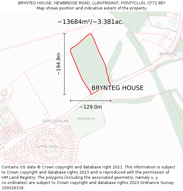 BRYNTEG HOUSE, NEWBRIDGE ROAD, LLANTRISANT, PONTYCLUN, CF72 8EY: Plot and title map