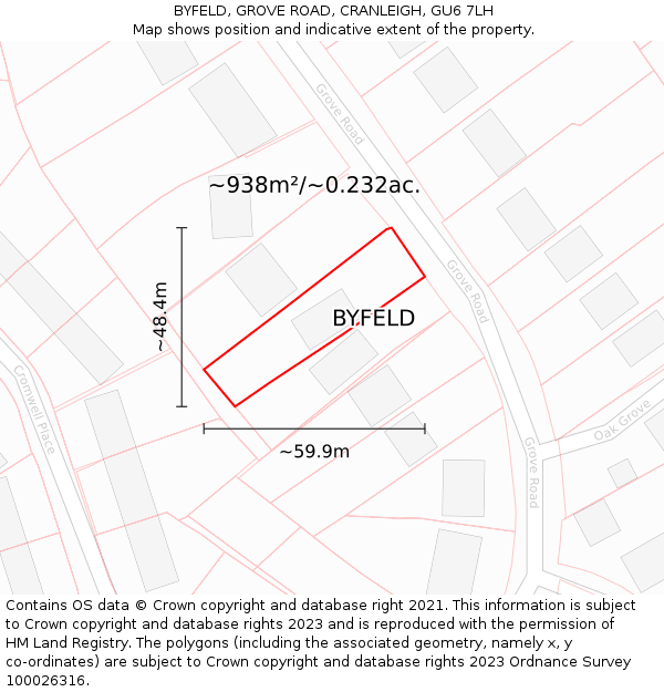 BYFELD, GROVE ROAD, CRANLEIGH, GU6 7LH: Plot and title map