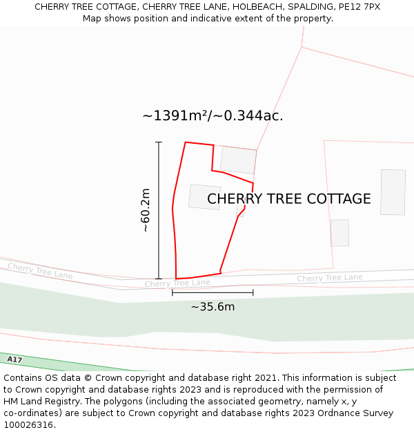 CHERRY TREE COTTAGE, CHERRY TREE LANE, HOLBEACH, SPALDING, PE12 7PX: Plot and title map