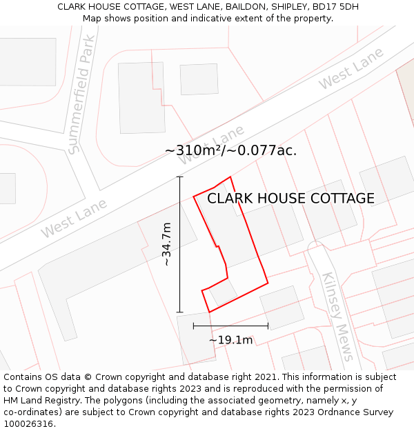 CLARK HOUSE COTTAGE, WEST LANE, BAILDON, SHIPLEY, BD17 5DH: Plot and title map