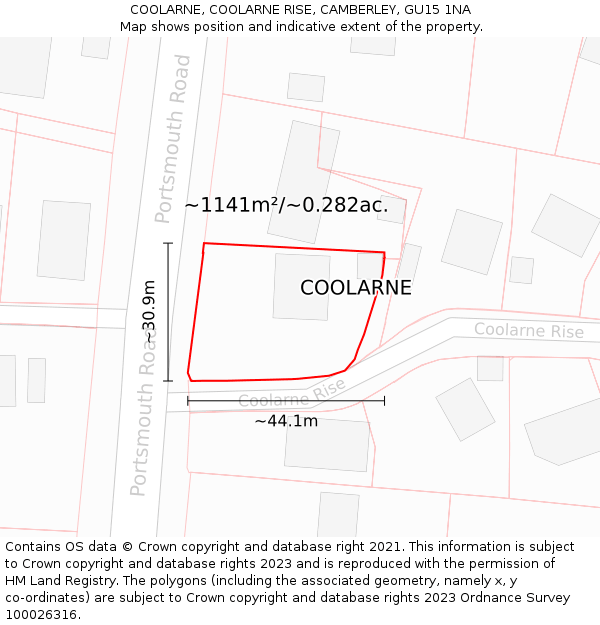 COOLARNE, COOLARNE RISE, CAMBERLEY, GU15 1NA: Plot and title map