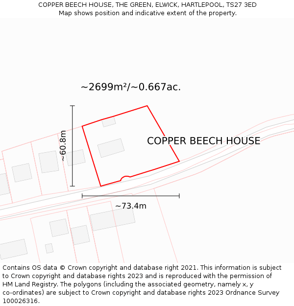 COPPER BEECH HOUSE, THE GREEN, ELWICK, HARTLEPOOL, TS27 3ED: Plot and title map