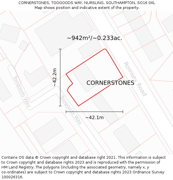 CORNERSTONES, TOOGOODS WAY, NURSLING, SOUTHAMPTON, SO16 0XL: Plot and title map