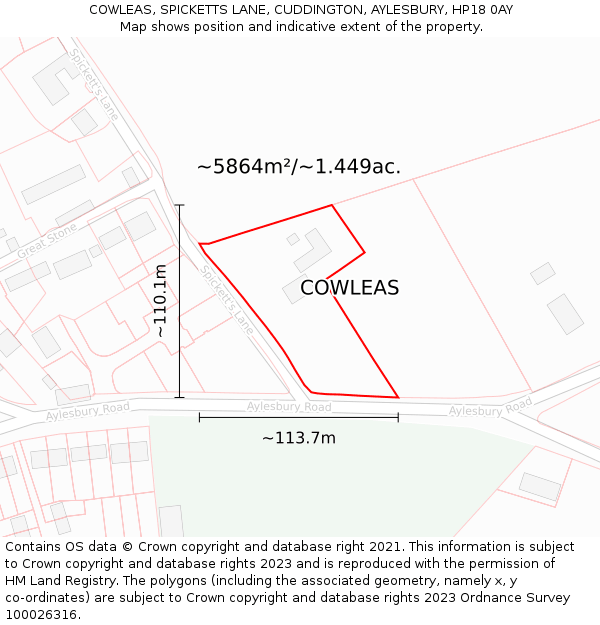 COWLEAS, SPICKETTS LANE, CUDDINGTON, AYLESBURY, HP18 0AY: Plot and title map