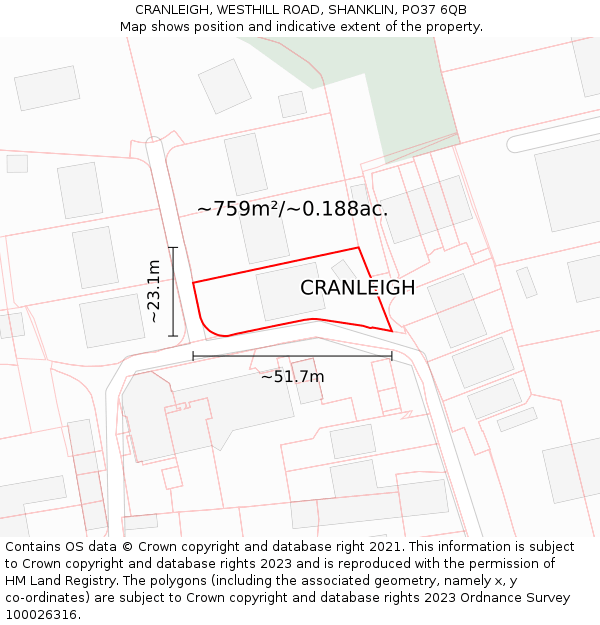 CRANLEIGH, WESTHILL ROAD, SHANKLIN, PO37 6QB: Plot and title map