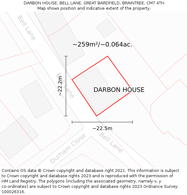 DARBON HOUSE, BELL LANE, GREAT BARDFIELD, BRAINTREE, CM7 4TH: Plot and title map