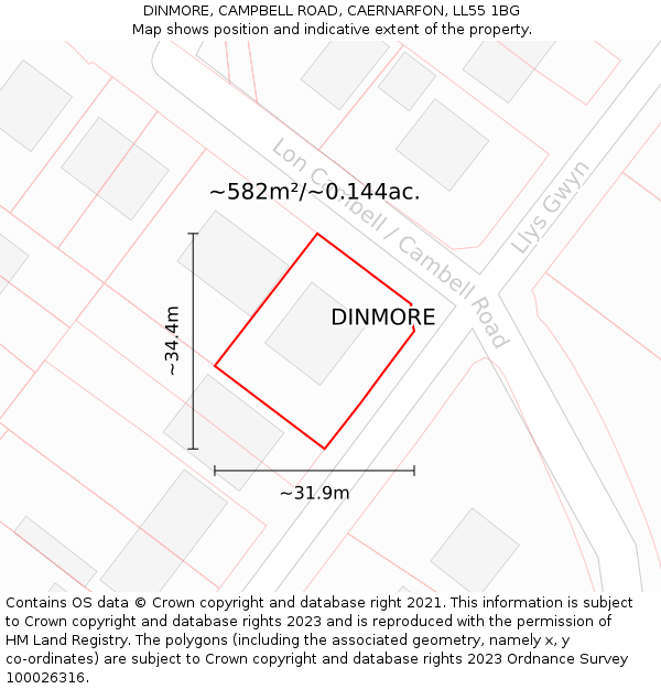 DINMORE, CAMPBELL ROAD, CAERNARFON, LL55 1BG: Plot and title map