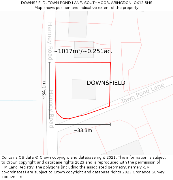 DOWNSFIELD, TOWN POND LANE, SOUTHMOOR, ABINGDON, OX13 5HS: Plot and title map