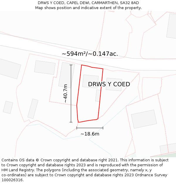 DRWS Y COED, CAPEL DEWI, CARMARTHEN, SA32 8AD: Plot and title map