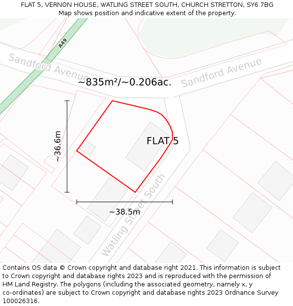 FLAT 5, VERNON HOUSE, WATLING STREET SOUTH, CHURCH STRETTON, SY6 7BG: Plot and title map