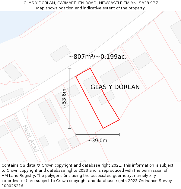 GLAS Y DORLAN, CARMARTHEN ROAD, NEWCASTLE EMLYN, SA38 9BZ: Plot and title map