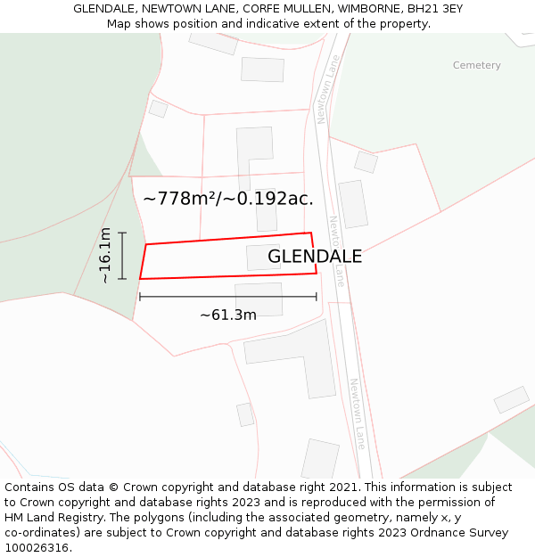 GLENDALE, NEWTOWN LANE, CORFE MULLEN, WIMBORNE, BH21 3EY: Plot and title map