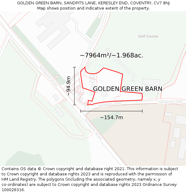 GOLDEN GREEN BARN, SANDPITS LANE, KERESLEY END, COVENTRY, CV7 8NJ: Plot and title map