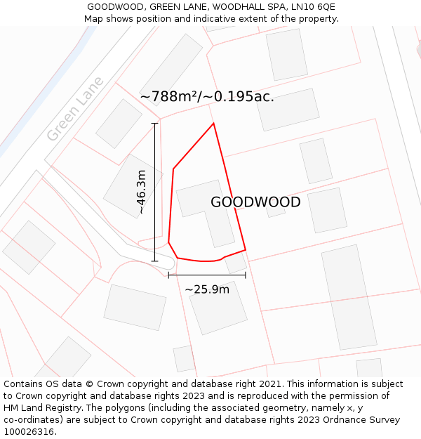 GOODWOOD, GREEN LANE, WOODHALL SPA, LN10 6QE: Plot and title map