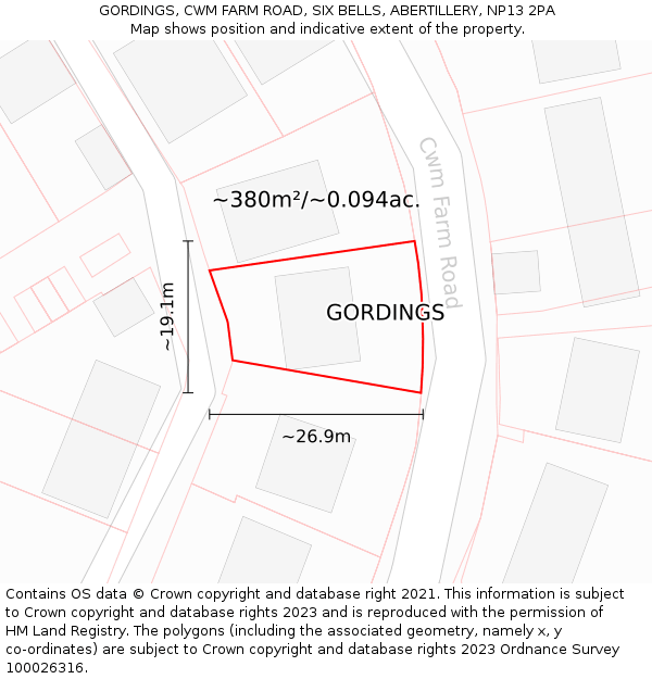 GORDINGS, CWM FARM ROAD, SIX BELLS, ABERTILLERY, NP13 2PA: Plot and title map