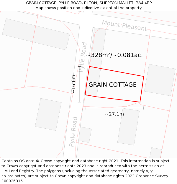 GRAIN COTTAGE, PYLLE ROAD, PILTON, SHEPTON MALLET, BA4 4BP: Plot and title map