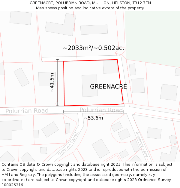 GREENACRE, POLURRIAN ROAD, MULLION, HELSTON, TR12 7EN: Plot and title map