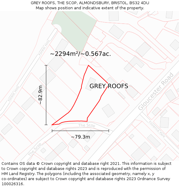 GREY ROOFS, THE SCOP, ALMONDSBURY, BRISTOL, BS32 4DU: Plot and title map