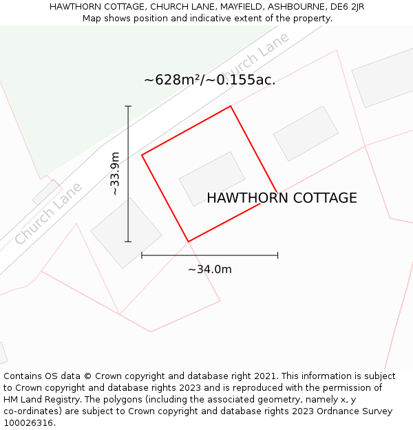 HAWTHORN COTTAGE, CHURCH LANE, MAYFIELD, ASHBOURNE, DE6 2JR: Plot and title map