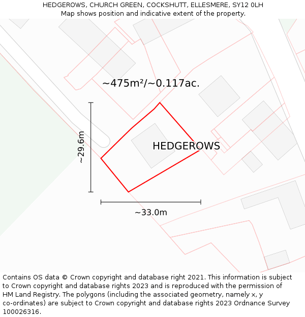 HEDGEROWS, CHURCH GREEN, COCKSHUTT, ELLESMERE, SY12 0LH: Plot and title map