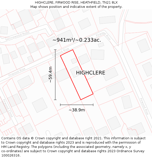 HIGHCLERE, FIRWOOD RISE, HEATHFIELD, TN21 8LX: Plot and title map